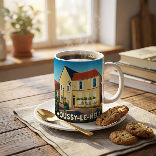 Mug souvenir de la ville de Moussy-le-Neuf avec une illustration stylisée d'un bâtiment traditionnel.
