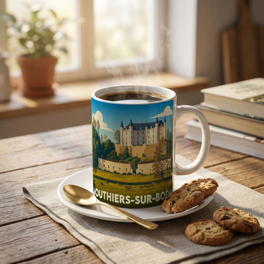 Mug souvenir de la ville de Mouthiers-sur-Boëme avec une illustration stylisée d'un château.