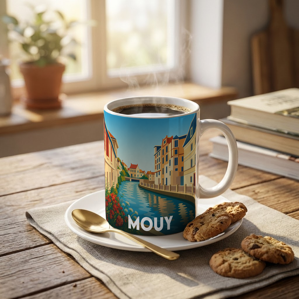 Mug souvenir de la ville de Mouy avec une illustration stylisée.