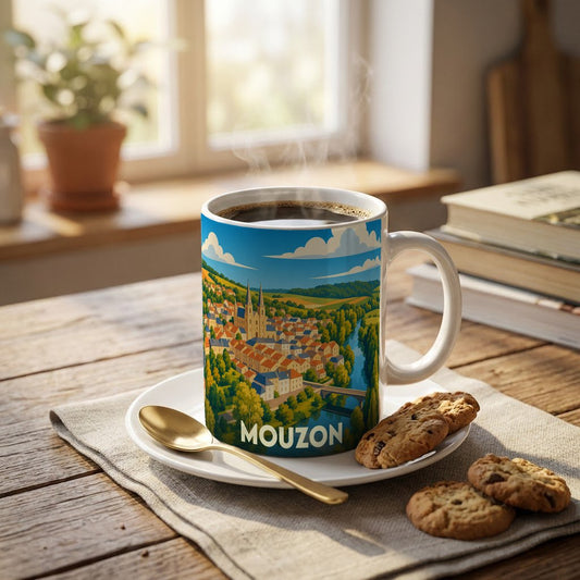 Mug souvenir de la ville de Mouzon avec une illustration stylisée et colorée du paysage urbain.