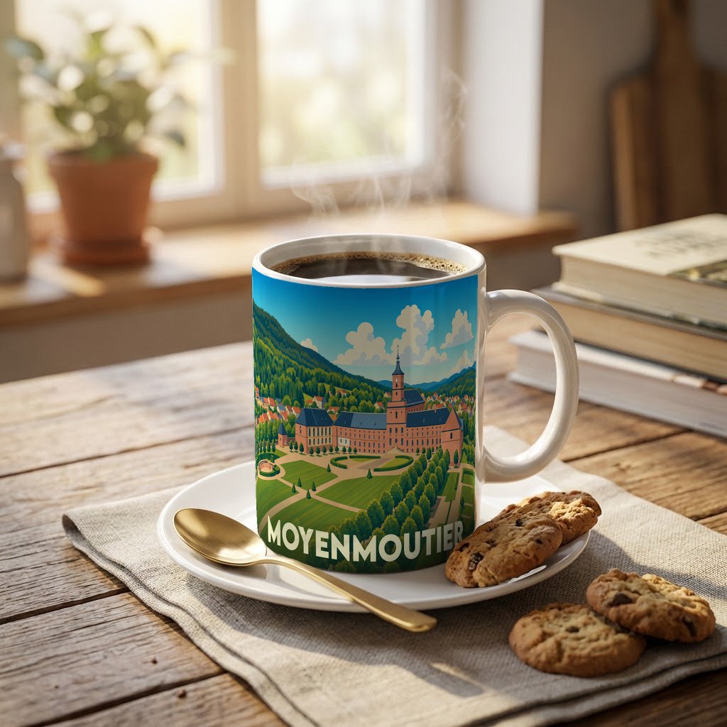 Mug souvenir de la ville de Moyenmoutier orné d'une illustration stylisée de son abbaye et de ses paysages.