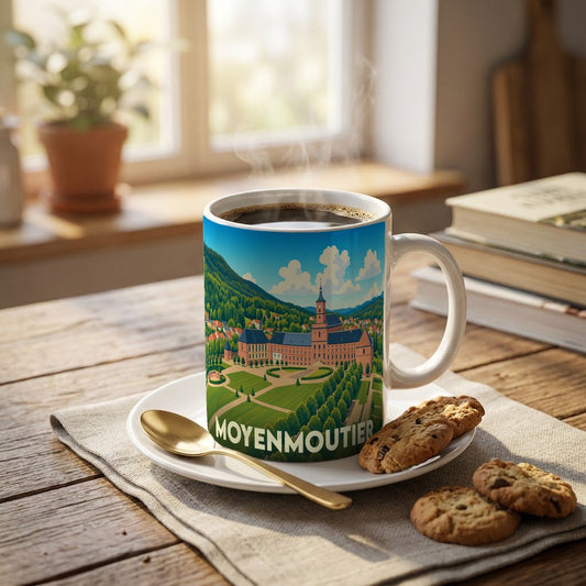 Mug souvenir de la ville de Moyenmoutier orné d'une illustration stylisée de son abbaye et de ses paysages.