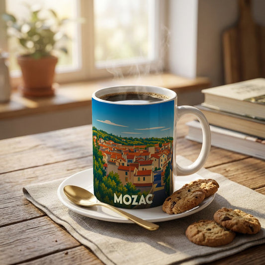 Mug souvenir de la ville de Mozac avec une illustration stylisée d'un paysage urbain.