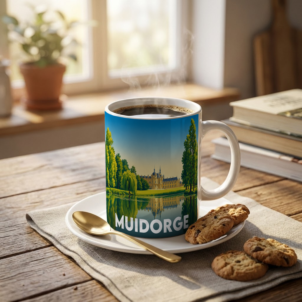 Mug souvenir de la ville de Muidorge avec une illustration paysagère stylisée.