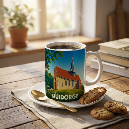 Mug souvenir de la ville de Muidorge avec une illustration stylisée de son église.