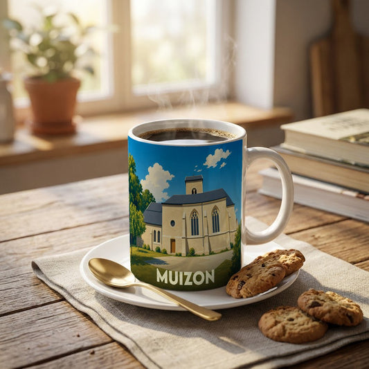 Mug souvenir de la ville de Muizon orné d'une illustration stylisée de son église.