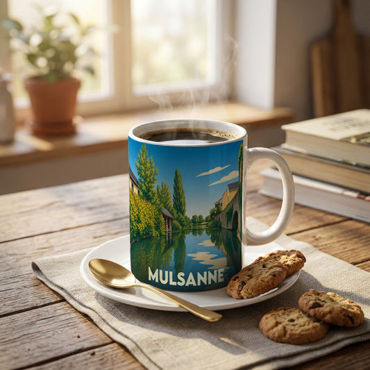 Mug souvenir de la ville de Mulsanne avec une illustration stylisée d'un paysage au bord de l'eau.