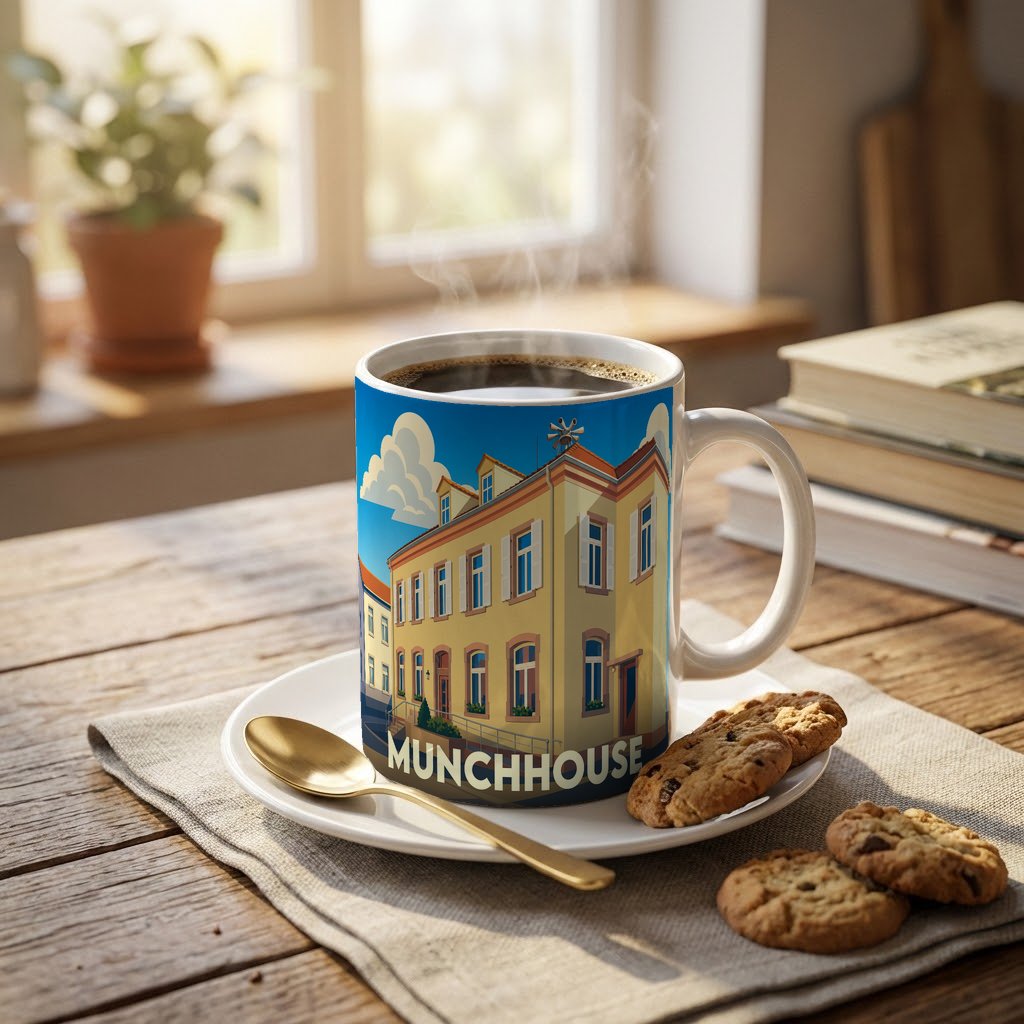 Mug souvenir de la ville de Munchhouse avec une illustration stylisée.
