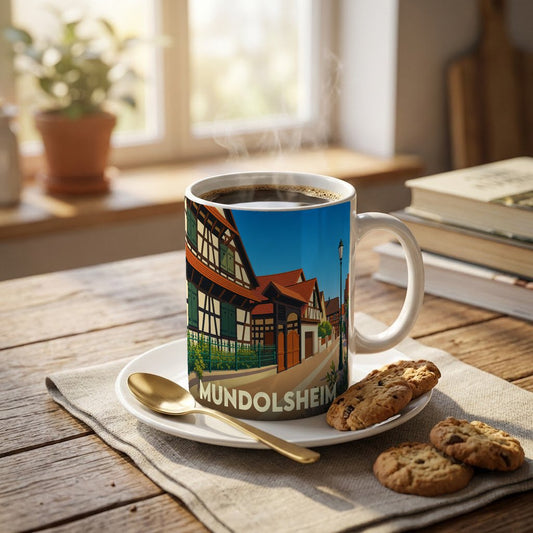 Mug souvenir de la ville de Mundolsheim avec une illustration stylisée de maisons à colombages.