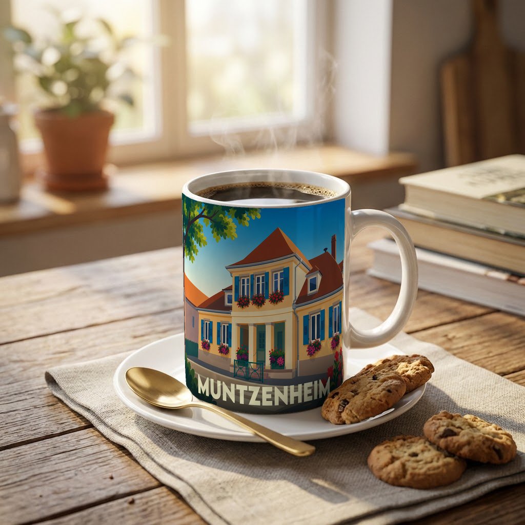 Mug souvenir de la ville de Muntzenheim avec une illustration stylisée d'une maison traditionnelle alsacienne.