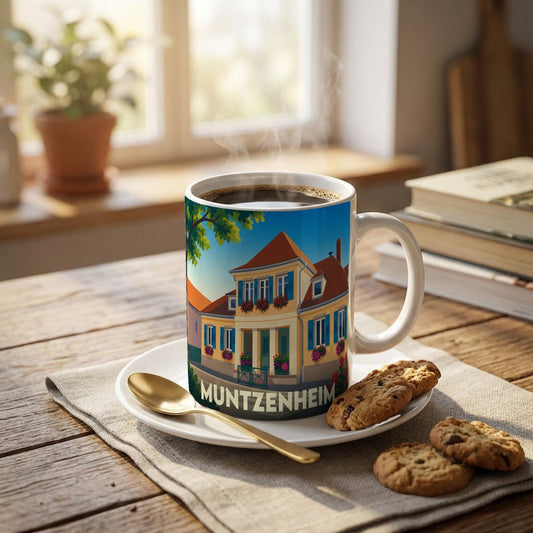 Mug souvenir de la ville de Muntzenheim avec une illustration stylisée d'une maison traditionnelle alsacienne.