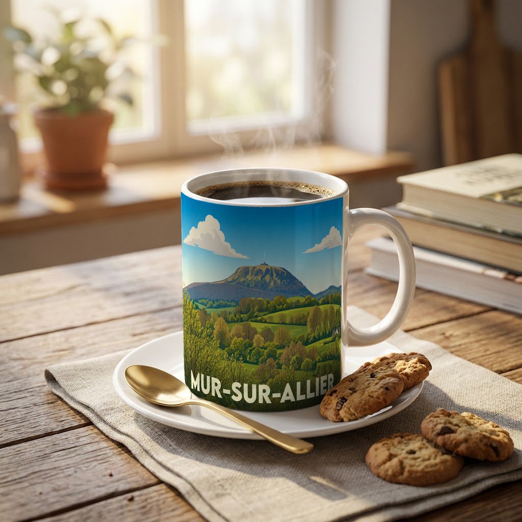 Mug souvenir de la ville de Mur-sur-Allier orné d'une illustration stylisée du Puy de Dôme.