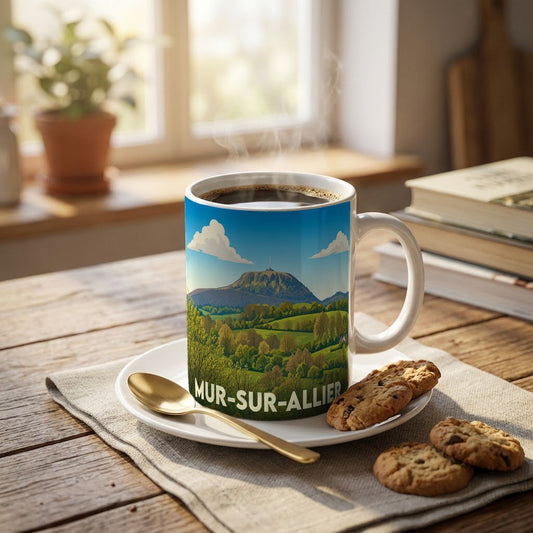 Mug souvenir de la ville de Mur-sur-Allier orné d'une illustration stylisée du Puy de Dôme.