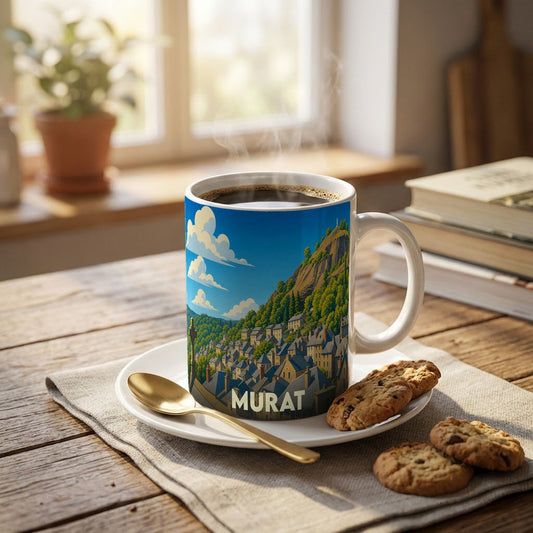 Mug souvenir de la ville de Murat orné d'une illustration stylisée d'un village de montagne.
