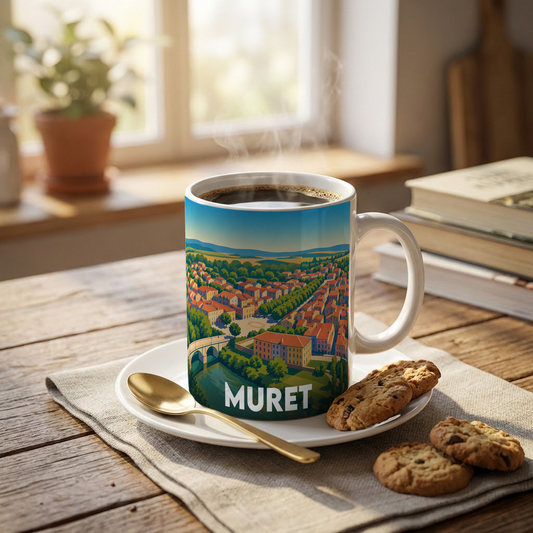 Mug souvenir de la ville de Muret avec une illustration stylisée.