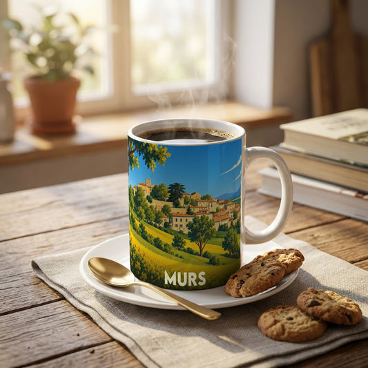 Mug souvenir de la ville de Murs avec une illustration stylisée d'un paysage provençal.