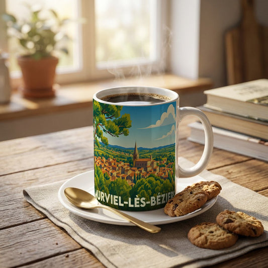 Mug souvenir de la ville de Murviel-lès-Béziers avec une illustration stylisée d'un paysage panoramique.
