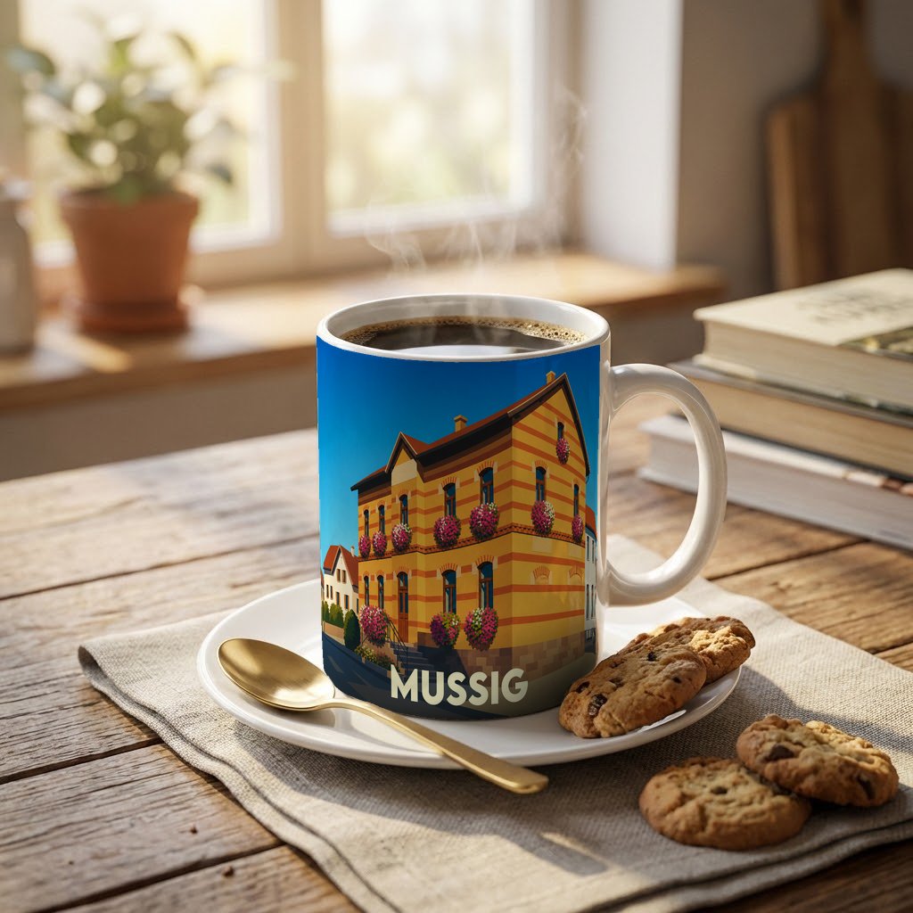 Mug souvenir de la ville de Mussig avec une illustration stylisée d'un bâtiment traditionnel.
