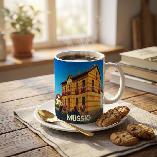 Mug souvenir de la ville de Mussig avec une illustration stylisée d'un bâtiment traditionnel.