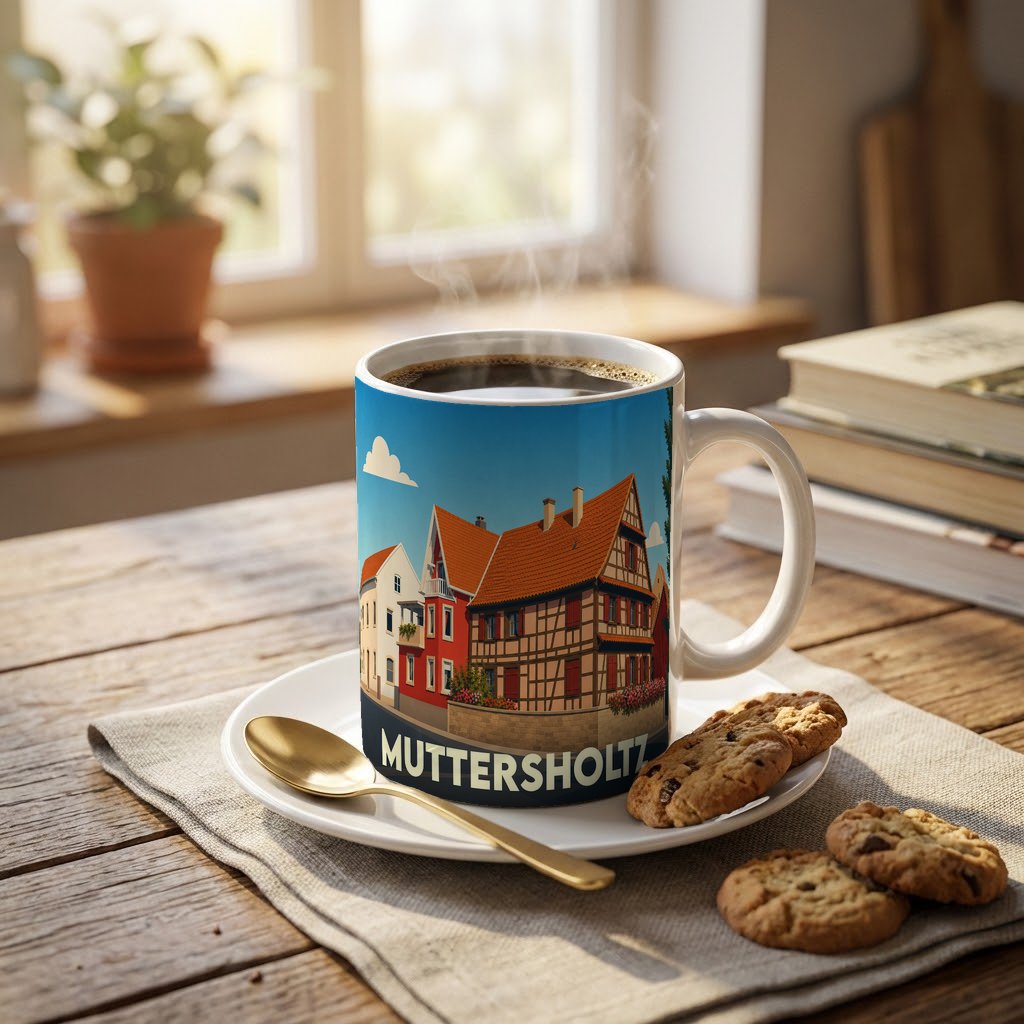 Mug souvenir de la ville de Muttersholtz orné d'une illustration stylisée de maisons à colombages.