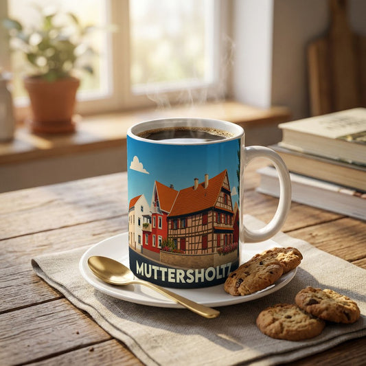 Mug souvenir de la ville de Muttersholtz orné d'une illustration stylisée de maisons à colombages.