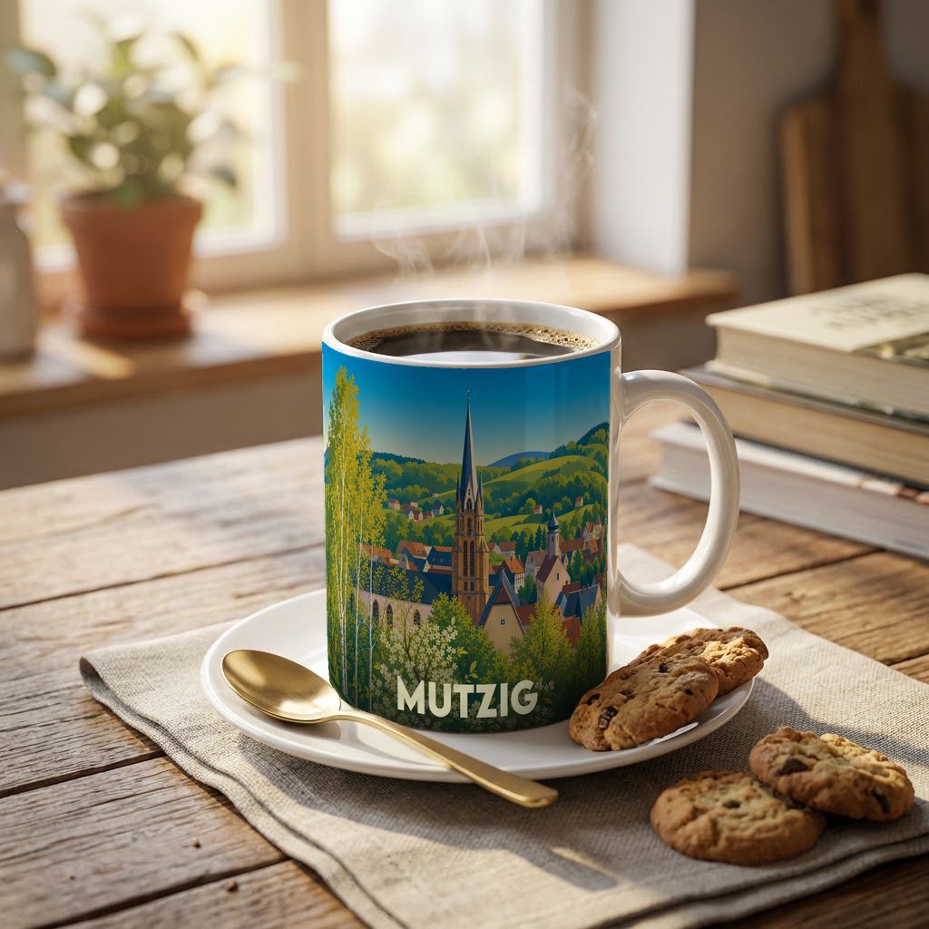 Mug souvenir de la ville de Mutzig orné d'une illustration panoramique colorée de la commune.