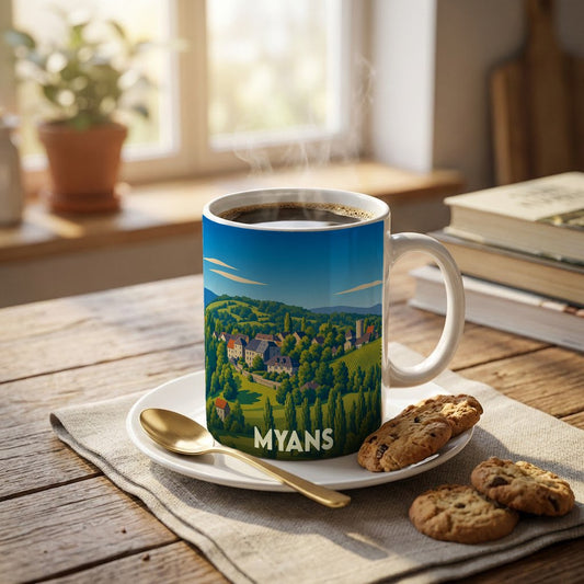 Mug souvenir de la ville de Myans orné d'une illustration paysagère stylisée.