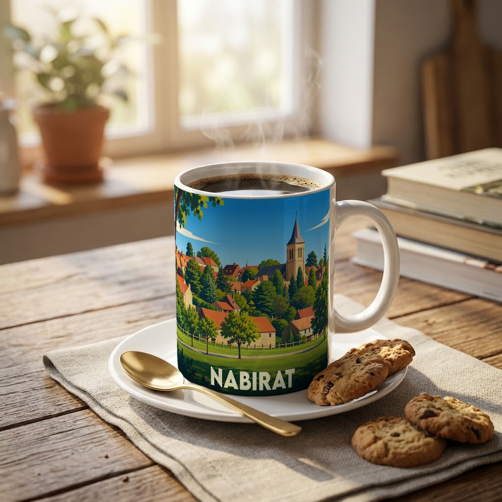 Mug souvenir de la ville de Nabirat orné d'une illustration stylisée de son paysage urbain.