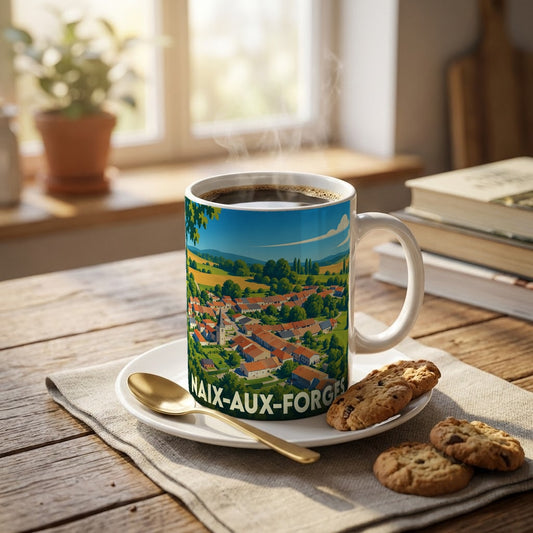 Mug souvenir de la ville de Naix-aux-Forges avec une illustration stylisée d'un paysage de campagne.