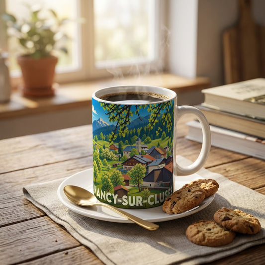 Mug souvenir de la ville de Nancy-sur-Cluses illustré d'un paysage de montagne pittoresque.