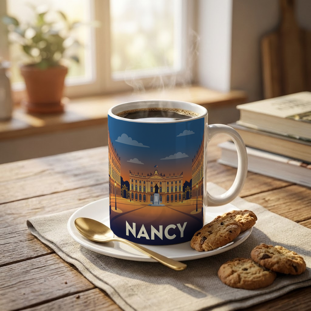 Mug souvenir de la ville de Nancy avec une illustration stylisée.