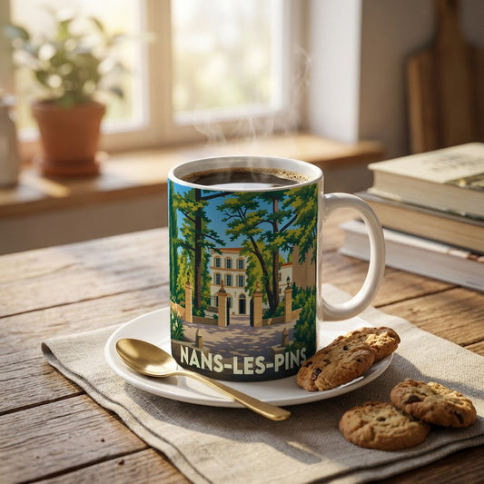 Mug souvenir de la ville de Nans-les-Pins avec une illustration stylisée d'une demeure provençale.