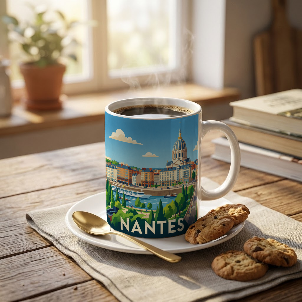 Mug souvenir de la ville de Nantes avec une illustration stylisée.
