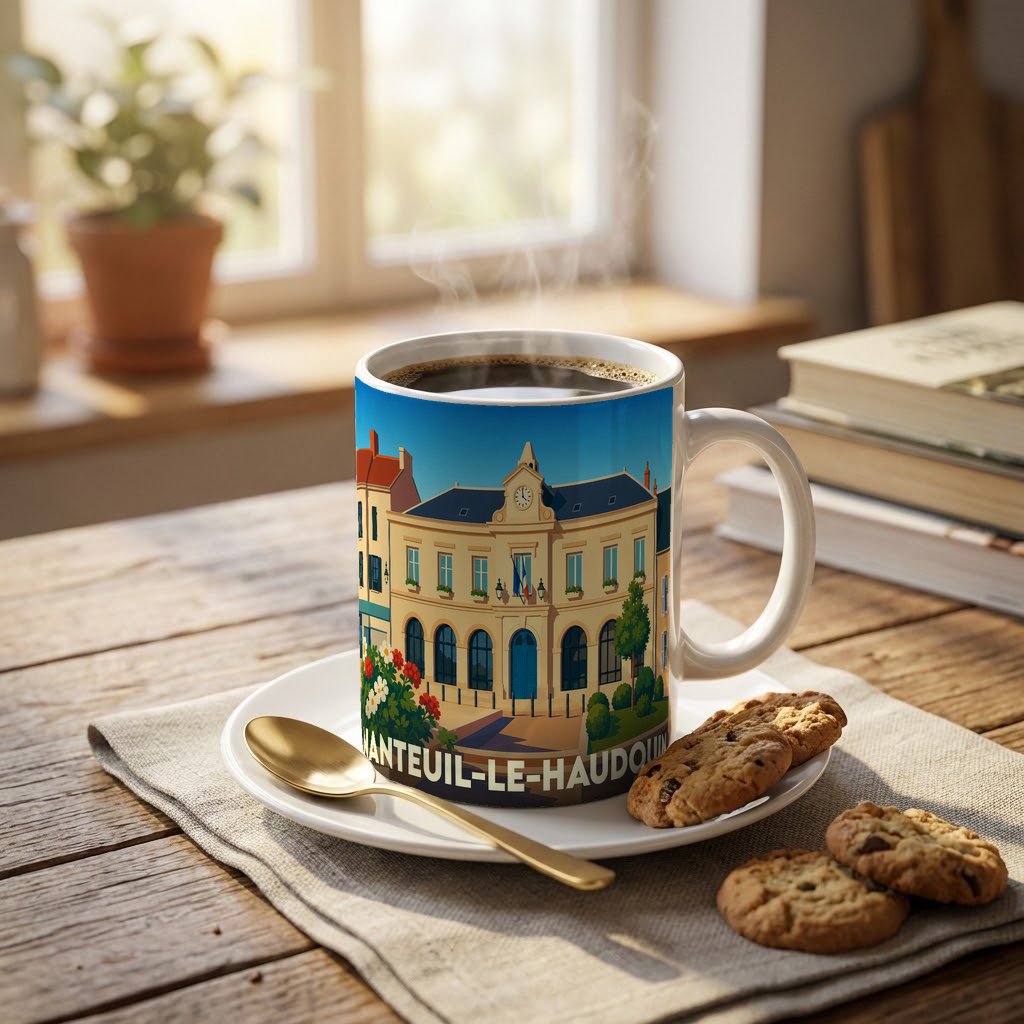 Mug souvenir de la ville de Nanteuil-le-Haudouin avec une illustration stylisée de l'hôtel de ville.