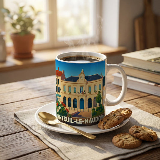 Mug souvenir de la ville de Nanteuil-le-Haudouin avec une illustration stylisée de l'hôtel de ville.