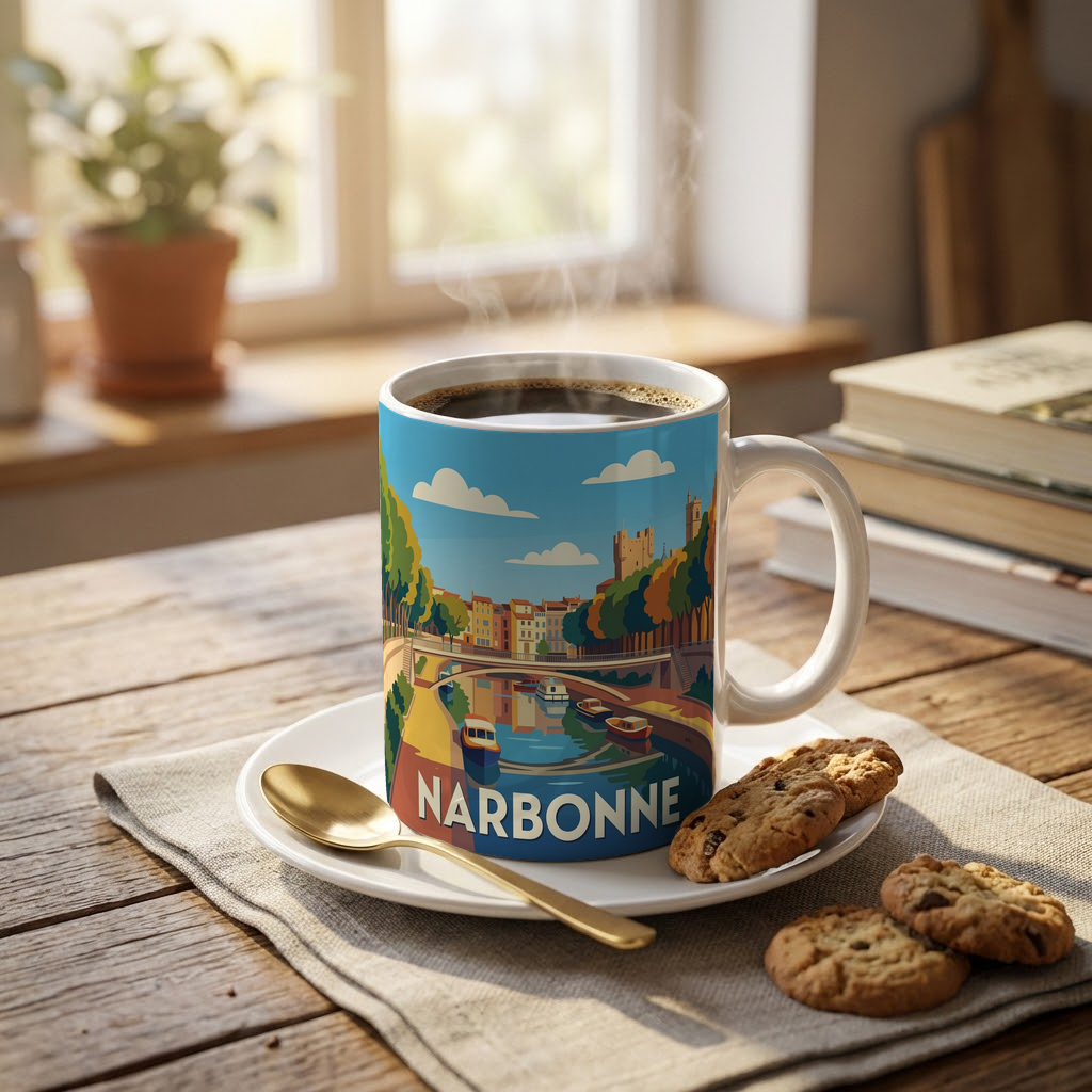 Mug souvenir de la ville de Narbonne avec une illustration graphique stylisée.