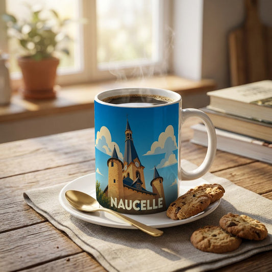Mug souvenir de la ville de Naucelle avec une illustration stylisée d'un château.