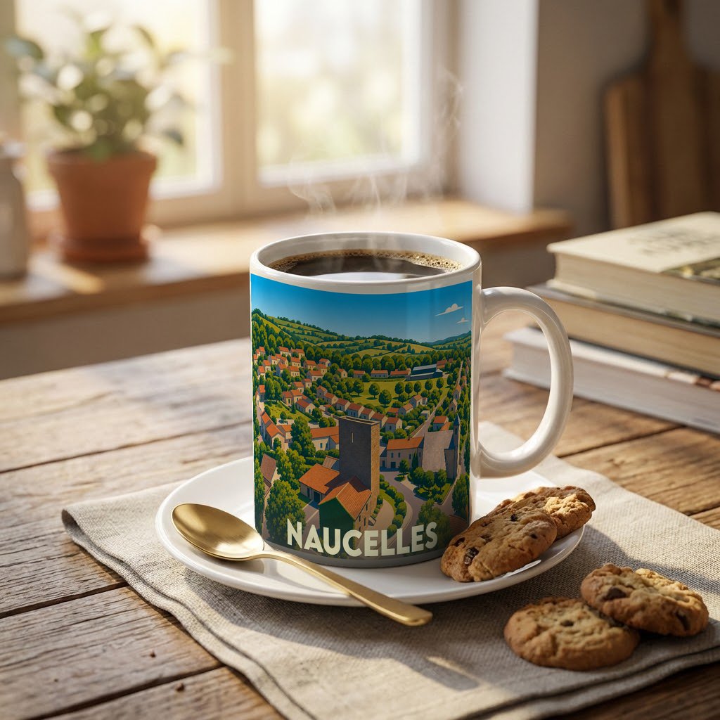 Mug souvenir de la ville de Naucelles orné d'une illustration panoramique colorée.