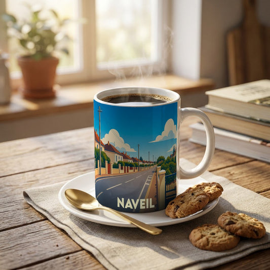 Mug souvenir de la ville de Naveil avec une illustration stylisée d'une rue ensoleillée.
