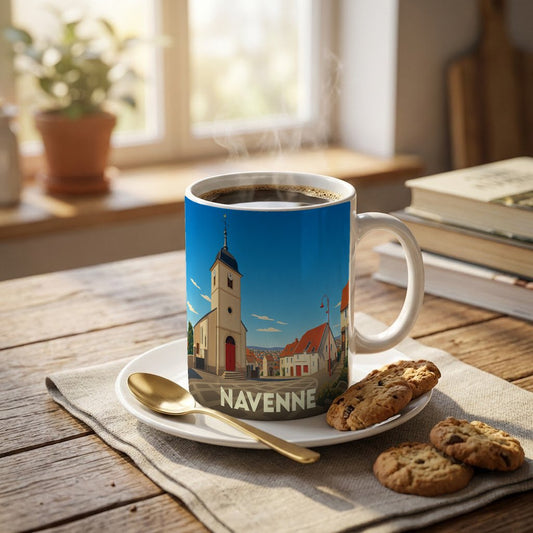 Mug souvenir de la ville de Navenne orné d'une illustration stylisée de son église et de ses maisons.