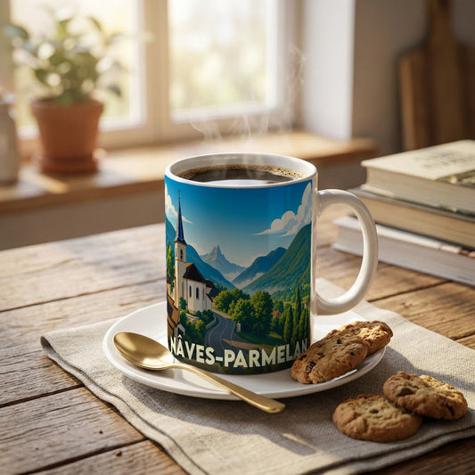 Mug souvenir de la ville de Nâves-Parmelan avec une illustration stylisée de son paysage montagneux.