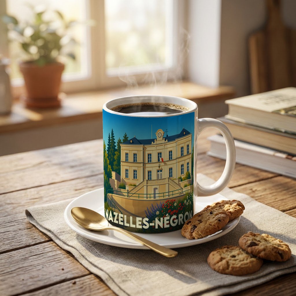 Mug souvenir de la ville de Nazelles-Négron orné d'une illustration stylisée de sa mairie.