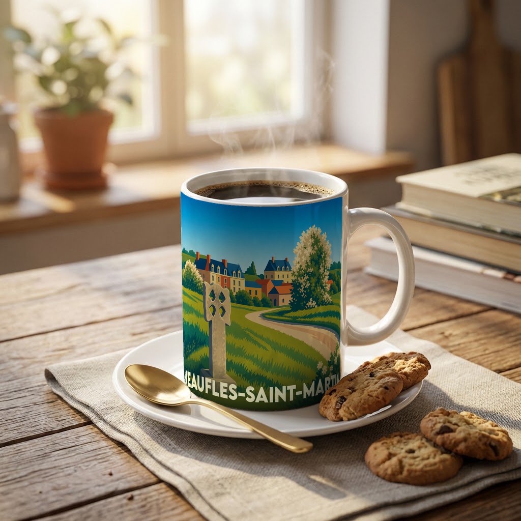 Mug souvenir de la ville de Neaufles-Saint-Martin avec une illustration stylisée.
