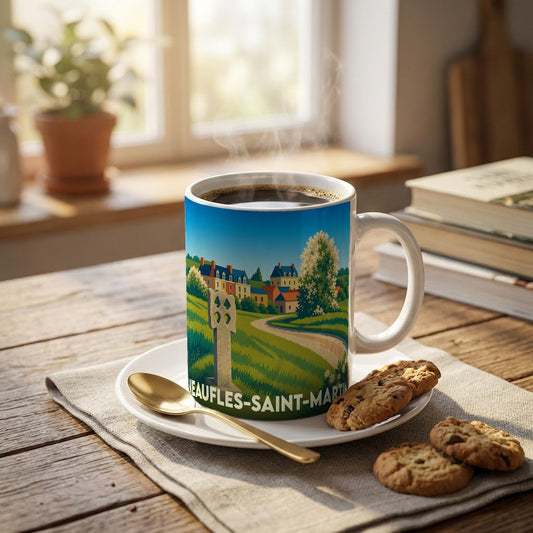 Mug souvenir de la ville de Neaufles-Saint-Martin avec une illustration stylisée.