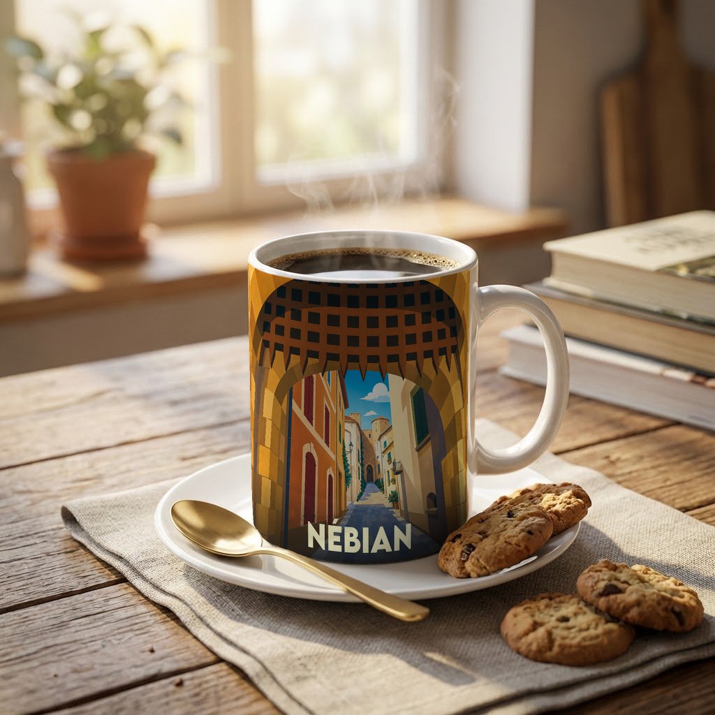 Mug souvenir de la ville de Nébian avec une illustration stylisée d'une rue pittoresque encadrée par une porte médiévale.