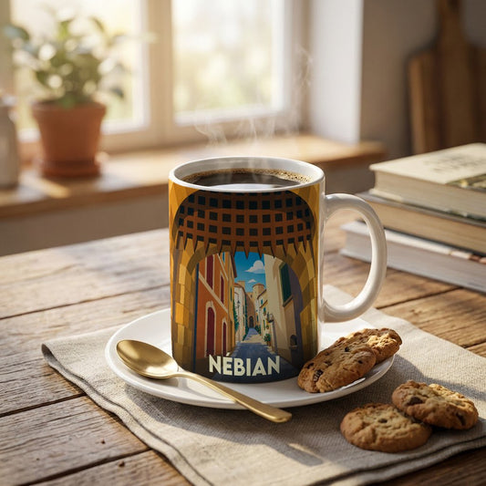 Mug souvenir de la ville de Nébian avec une illustration stylisée d'une rue pittoresque encadrée par une porte médiévale.