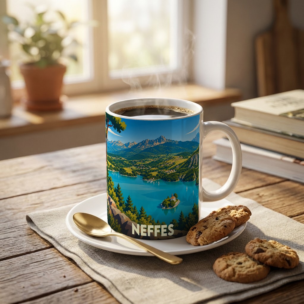Mug souvenir de la ville de Neffes avec une illustration stylisée d'un lac de montagne.