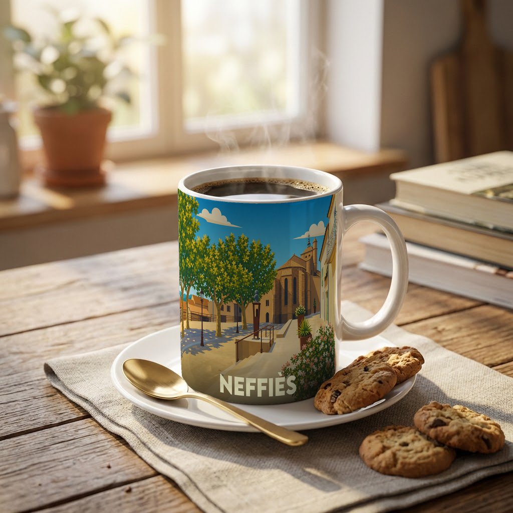 Mug souvenir de la ville de Neffiès avec une illustration stylisée d'une place ensoleillée et de son église.