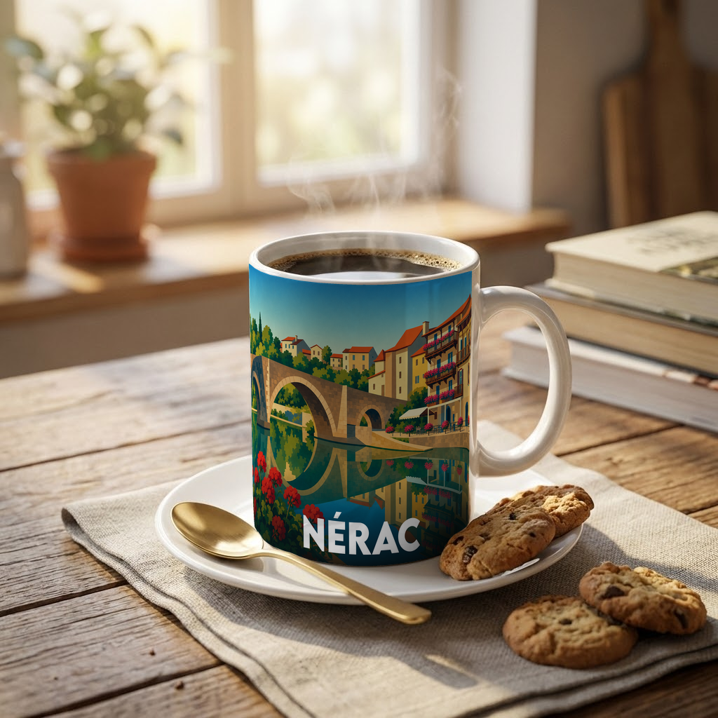 Mug souvenir de la ville de Nérac orné d'une illustration stylisée de son pont historique et de ses quais.