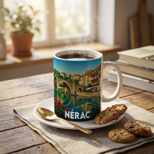 Mug souvenir de la ville de Nérac orné d'une illustration stylisée de son pont historique et de ses quais.